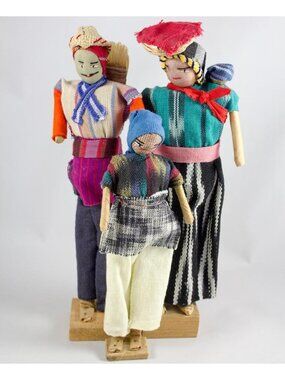 Vintage Handmade Fabric Guatemalan Folk Art Dolls Man Woman Child